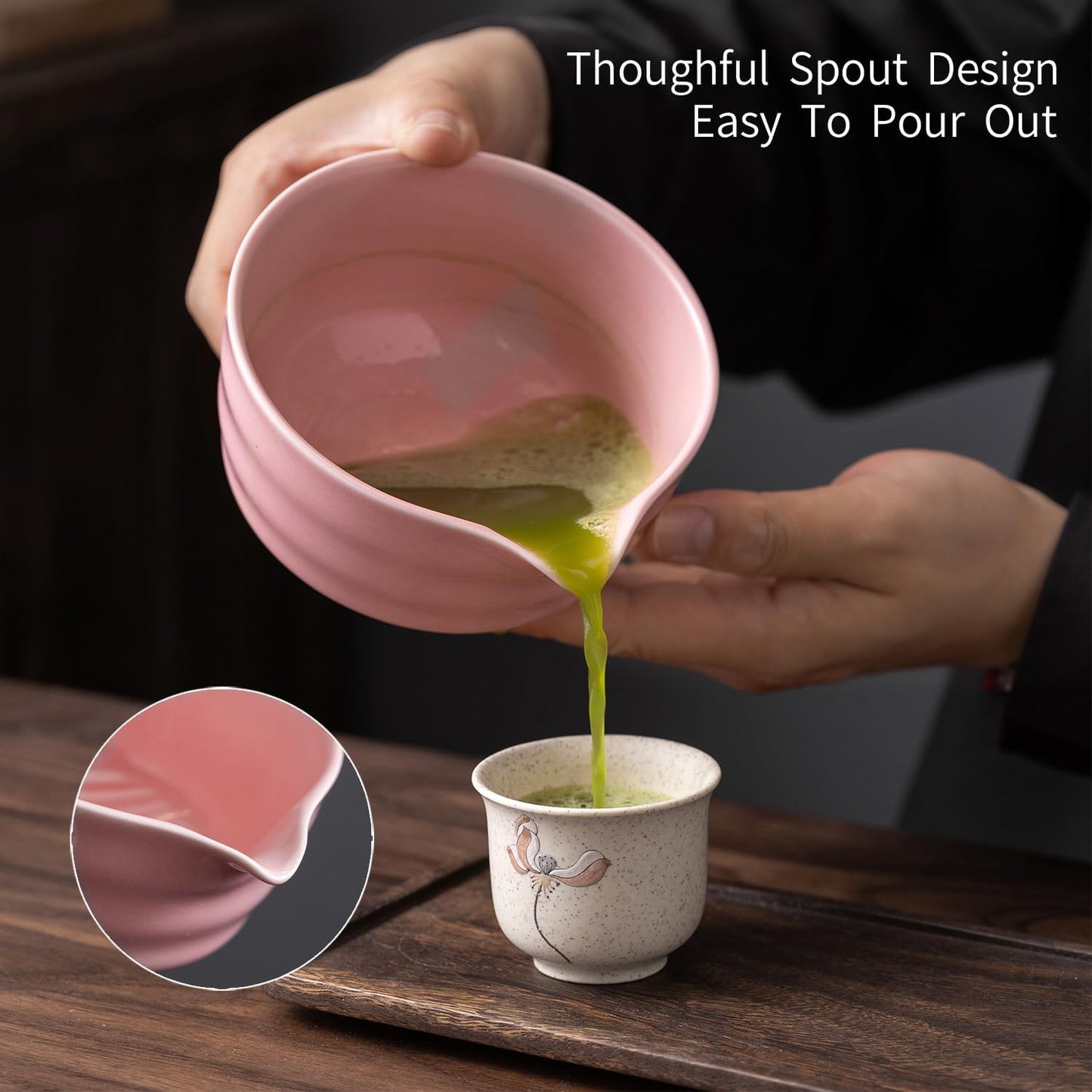 Matcha Set, Matcha Whisk Set Includes Matcha Bowl with Spout, Bamboo Whisk, Matcha Whisk Holder, Sifter, Scoop, Spoon Holder, Tea Towel- 7Pcs Perfect Matcha Kit for Matcha Tea Ceremony (Pink)