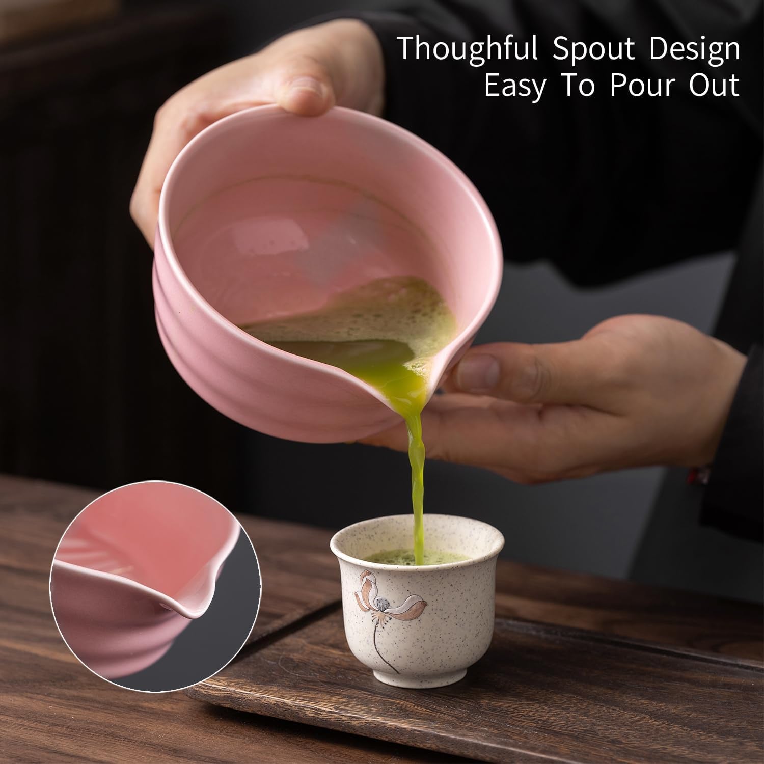 Matcha Set, Matcha Whisk Set Includes Matcha Bowl with Spout, Bamboo Whisk, Matcha Whisk Holder, Sifter, Scoop, Spoon Holder, Tea Towel- 7Pcs Perfect Matcha Kit for Matcha Tea Ceremony (Pink)